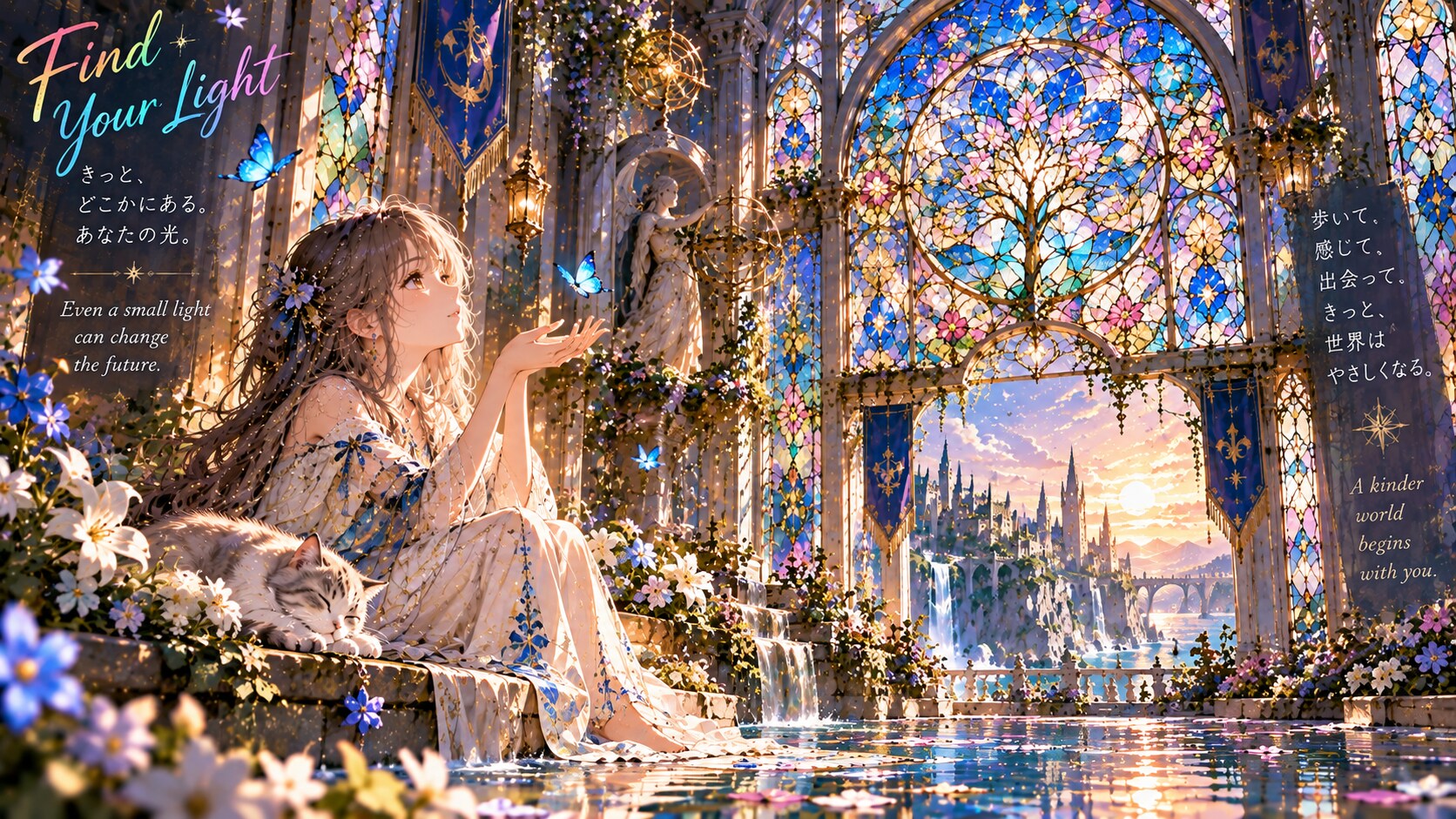 Find Your Light  Somewhere, your light is waiting.  In a garden of stained glass, flowers, and quiet | の人気AIイラスト・グラビア