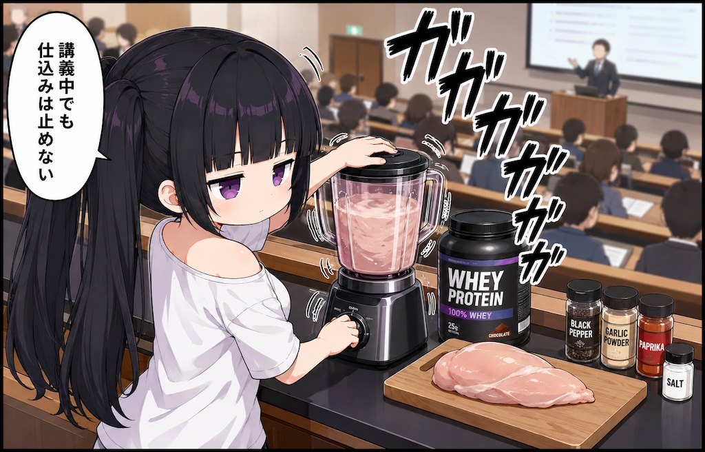 大学の講義中に鶏むねジュースを作るニアちゃん