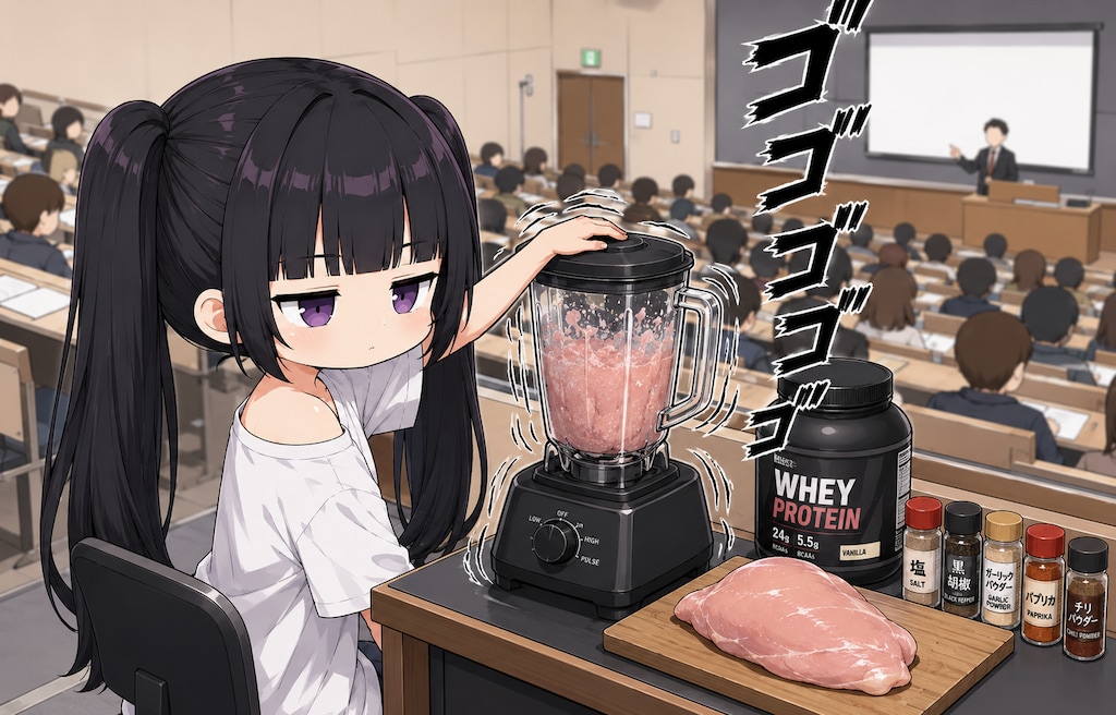 大学の講義中に鶏むねジュースを作るニアちゃん