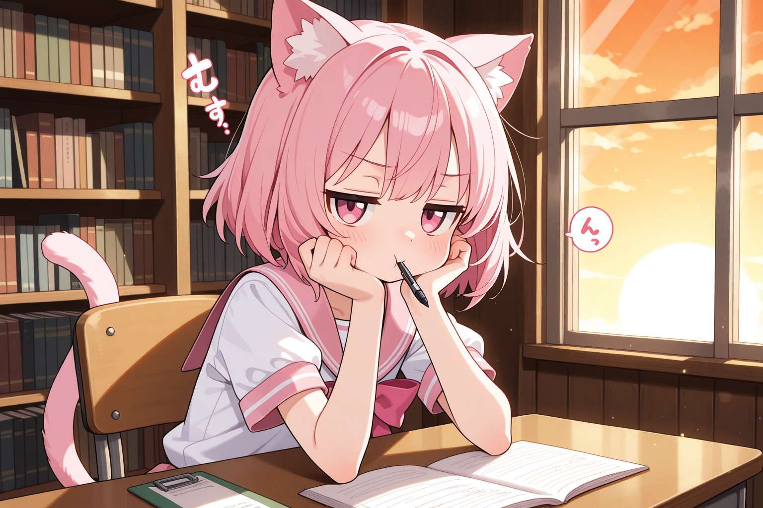 図書館で真面目に勉強する？？？ねこちゃん。