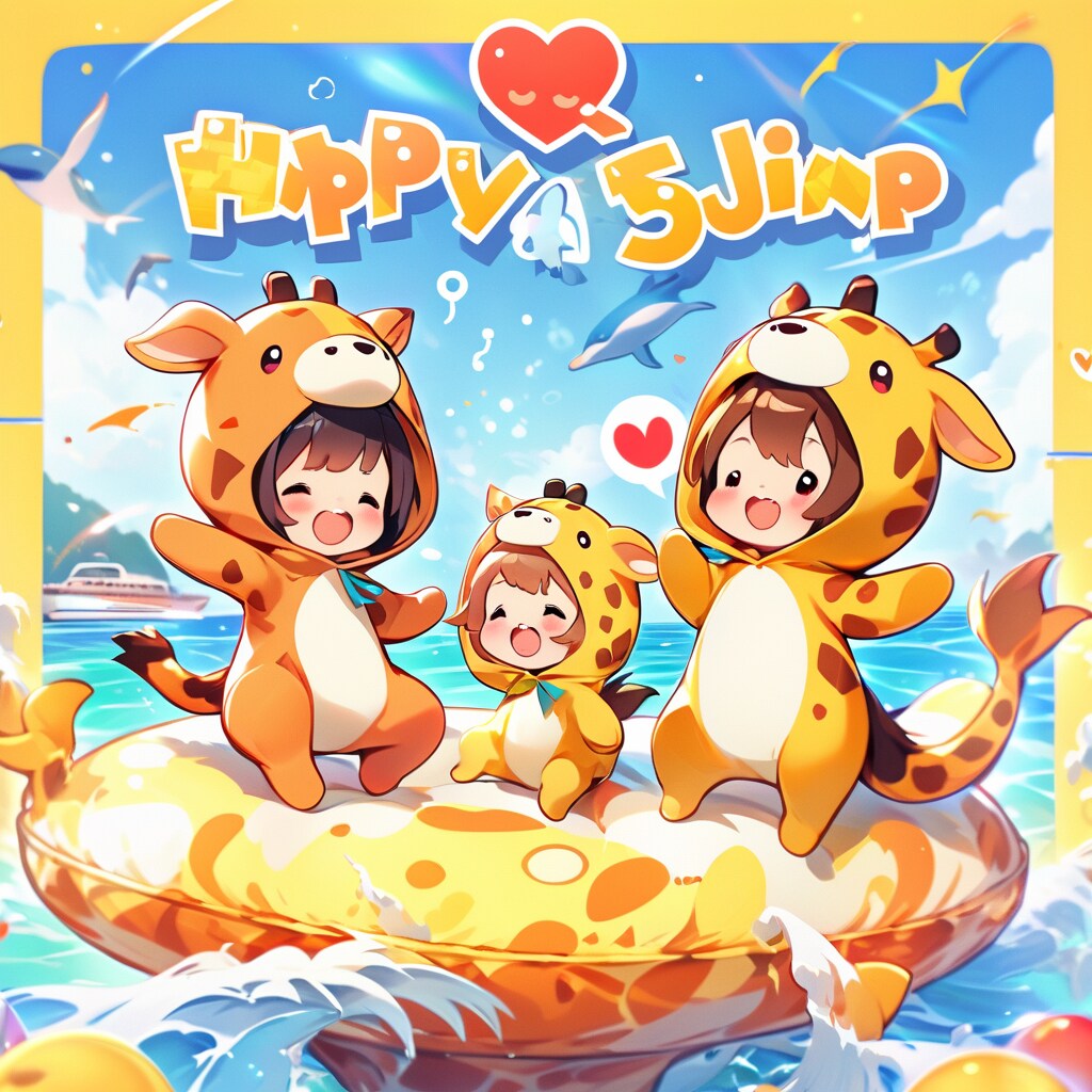 海で遊ぶキリン着ぐるみちび子ちゃんヾ(๑╹◡╹)ﾉ"