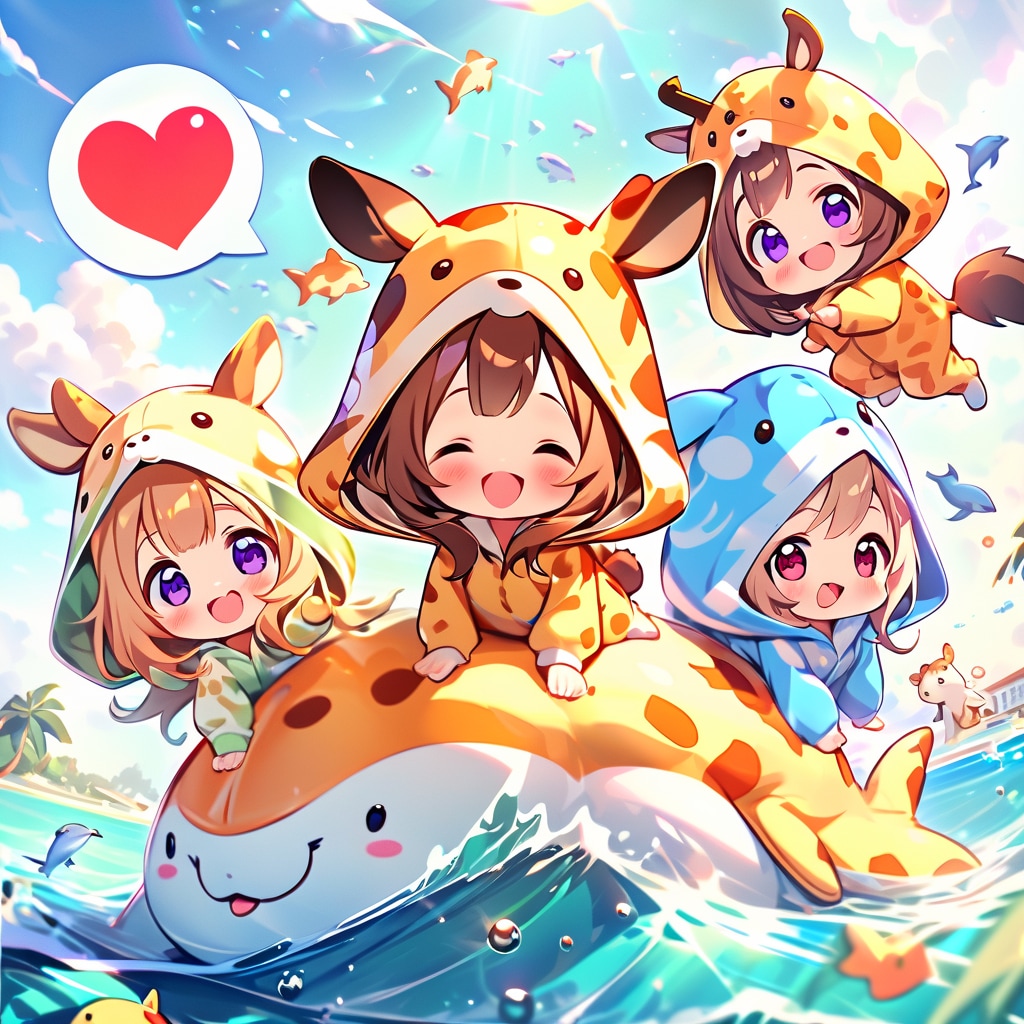 海で遊ぶキリン着ぐるみちび子ちゃんヾ(๑╹◡╹)ﾉ"