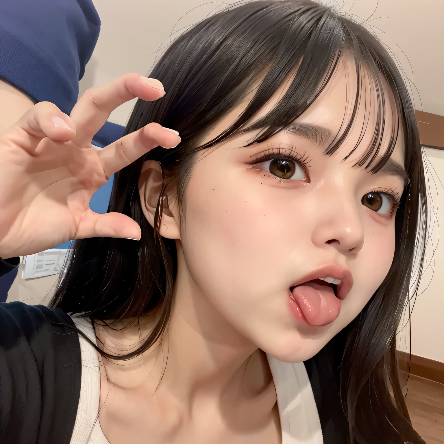 黒髪ロングの舌出し美女５５ | の人気AIイラスト・グラビア