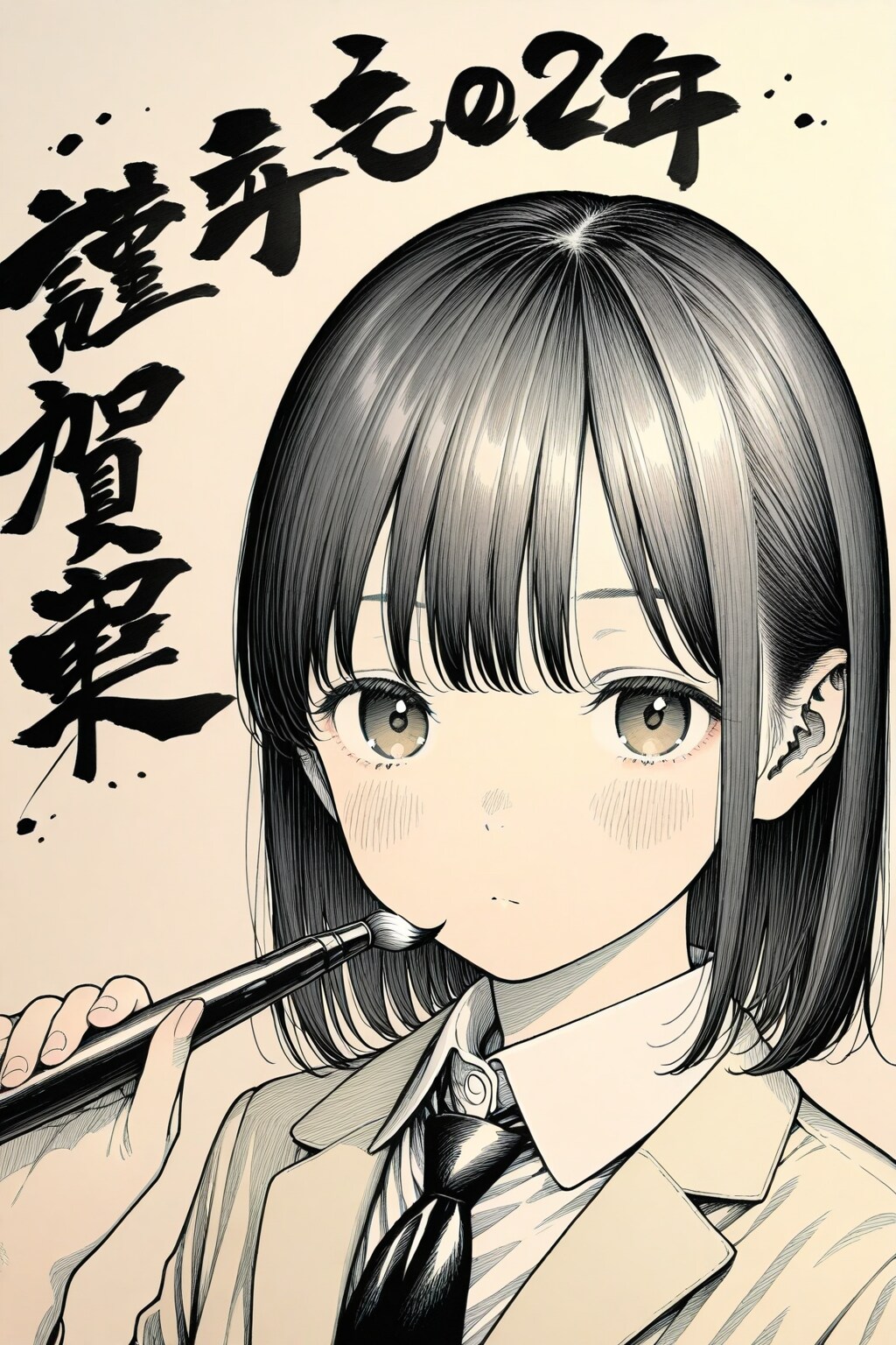 習字筆で描いた女子高生のシンプルな肖像画