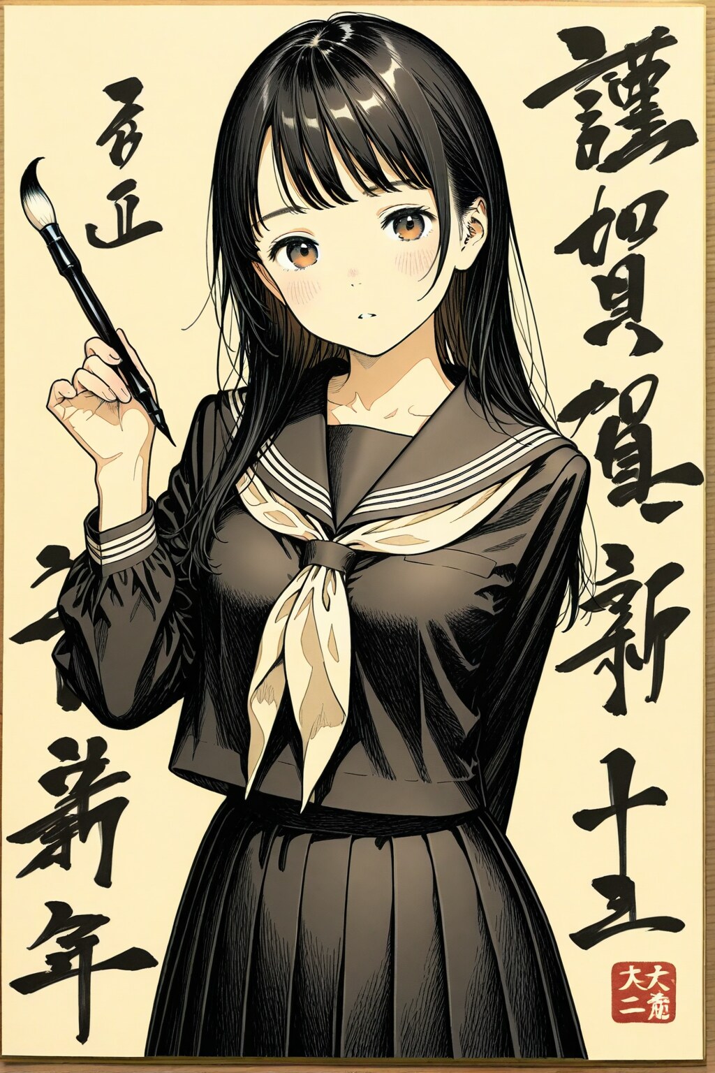 習字筆で描いた女子高生のシンプルな肖像画