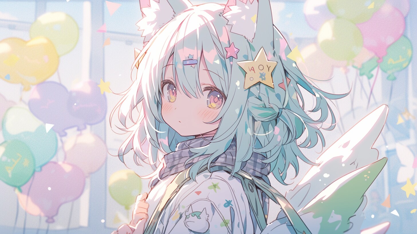 風船舞う教室で微笑む星の猫少女 | の人気AIイラスト・グラビア