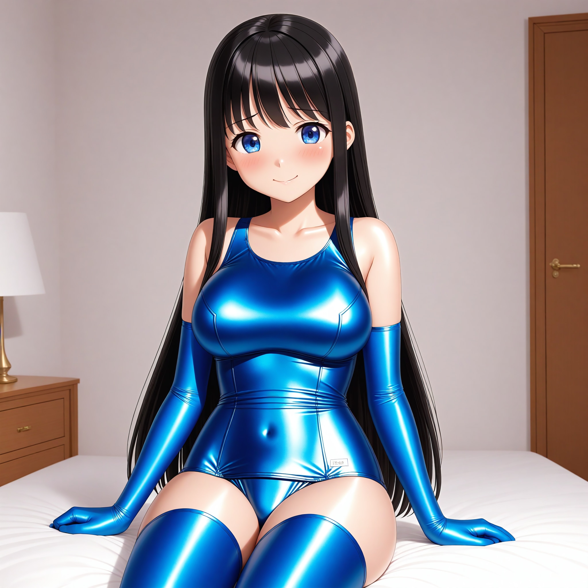 光沢青旧型スクール水着長手袋サイハイソックス