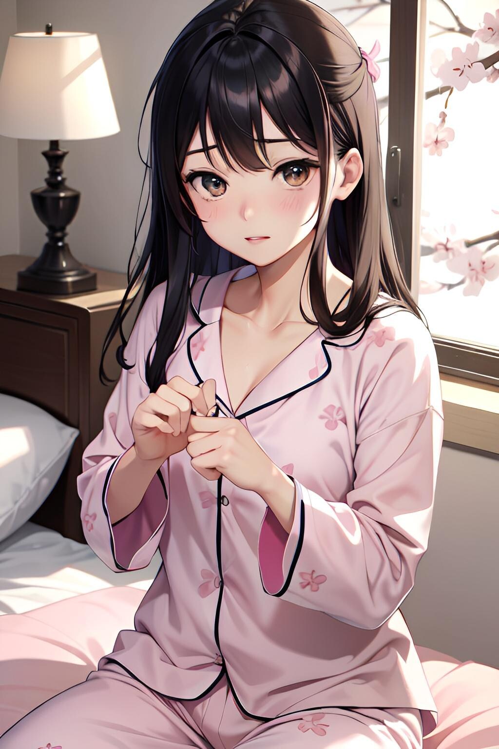 桜柄パジャマ美女