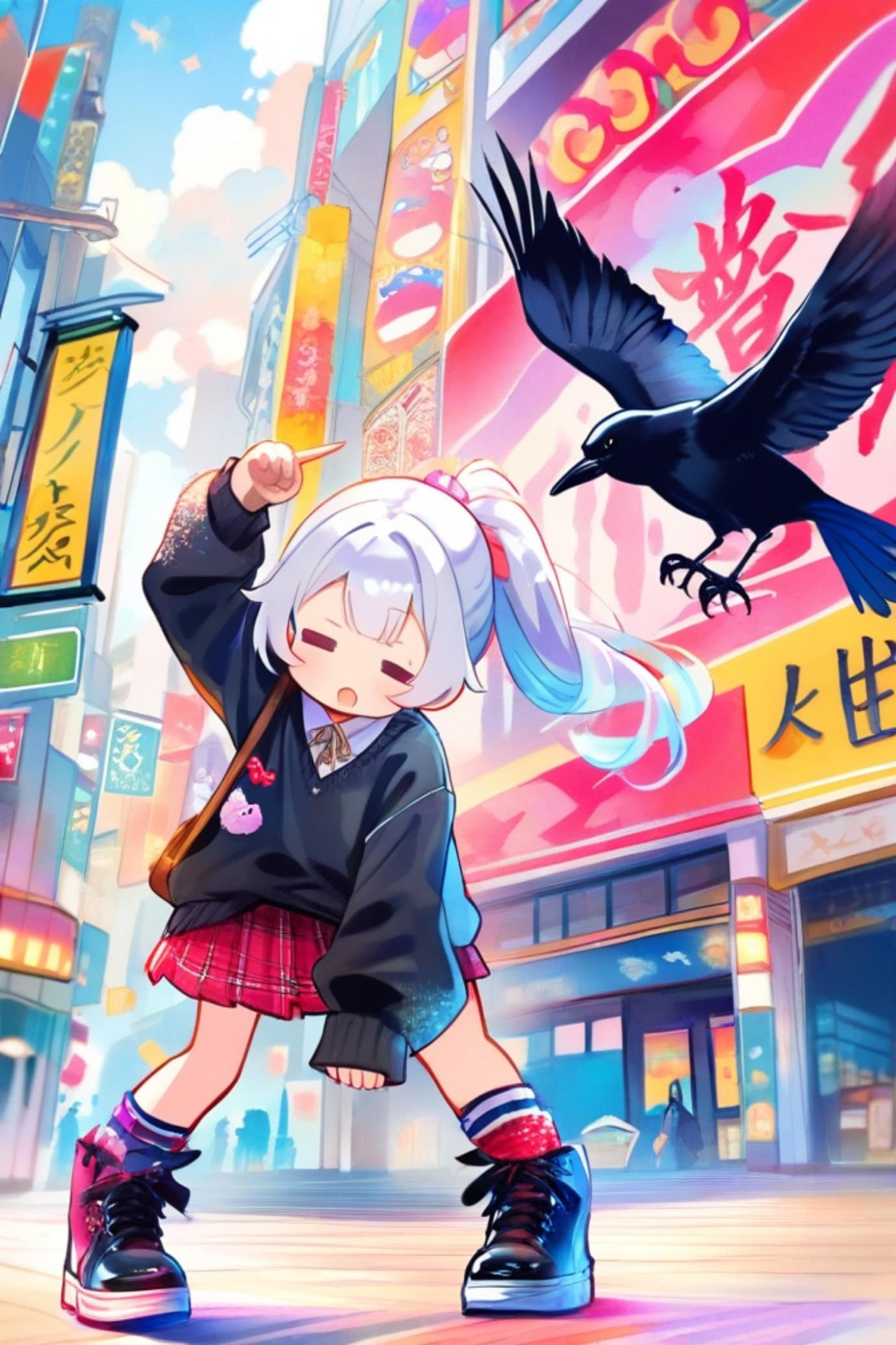 白髪ちゃんとカラス | の人気AIイラスト・グラビア