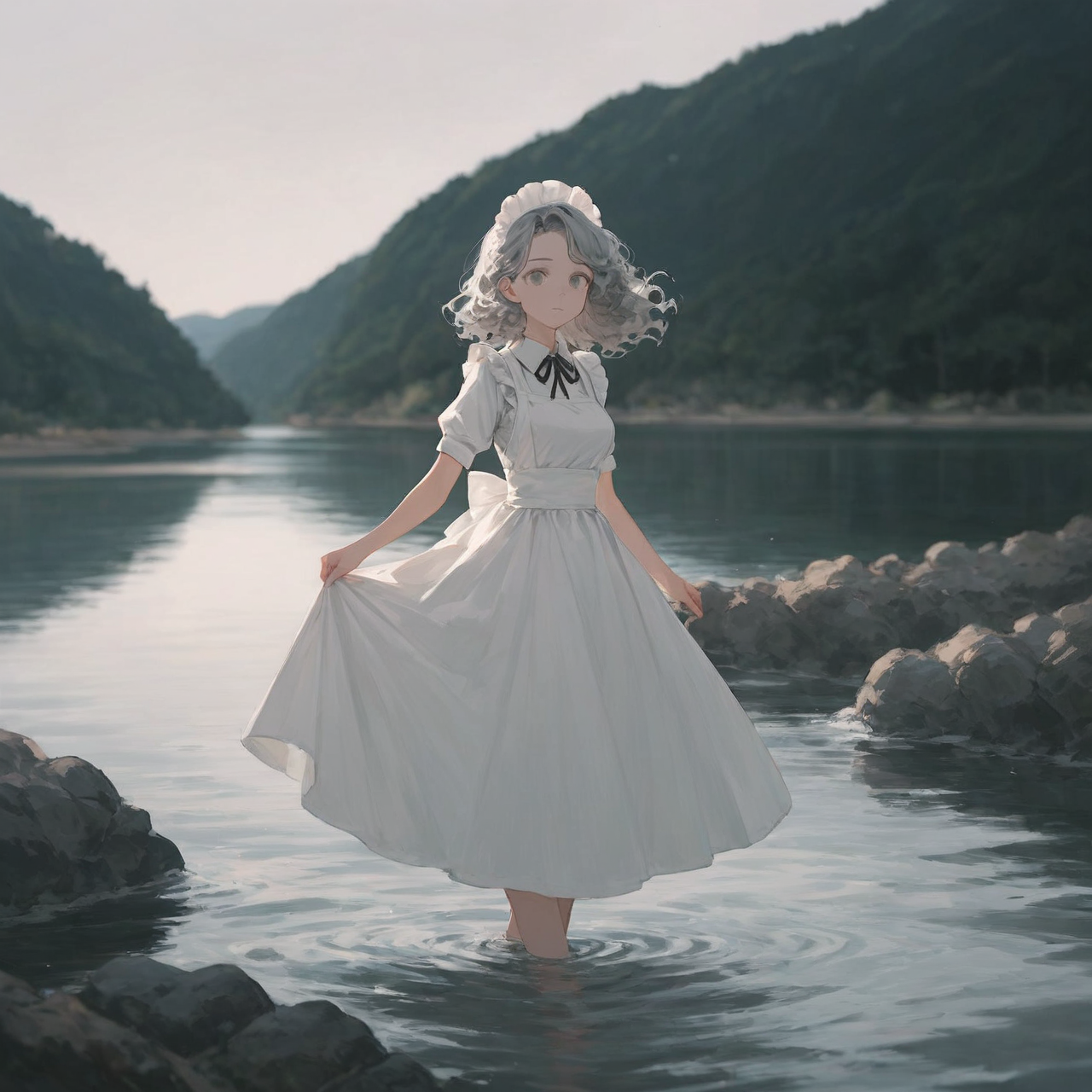 湖にメイドさん