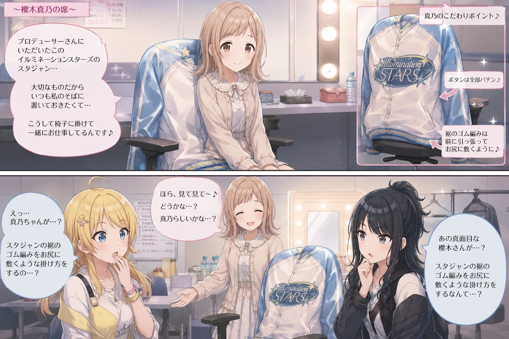大人しいはずの櫻木真乃ちゃんがワイルドにスタジャンを椅子に掛ける