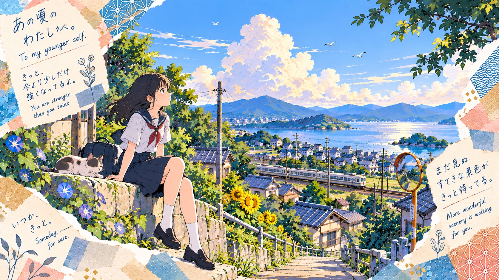 A schoolgirl and a sleepy cat, looking out over the harbor from a hillside stone wall.  To my younge | の人気AIイラスト・グラビア