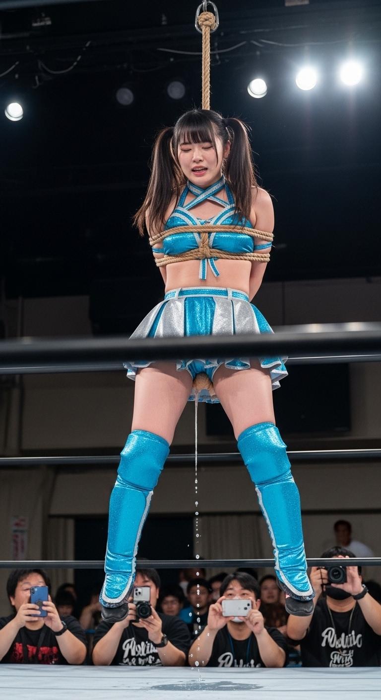 試合に敗北したMIKURUは罰として主催者に見せしめとして縛られリング上に長時間吊るされ失禁してしまう
