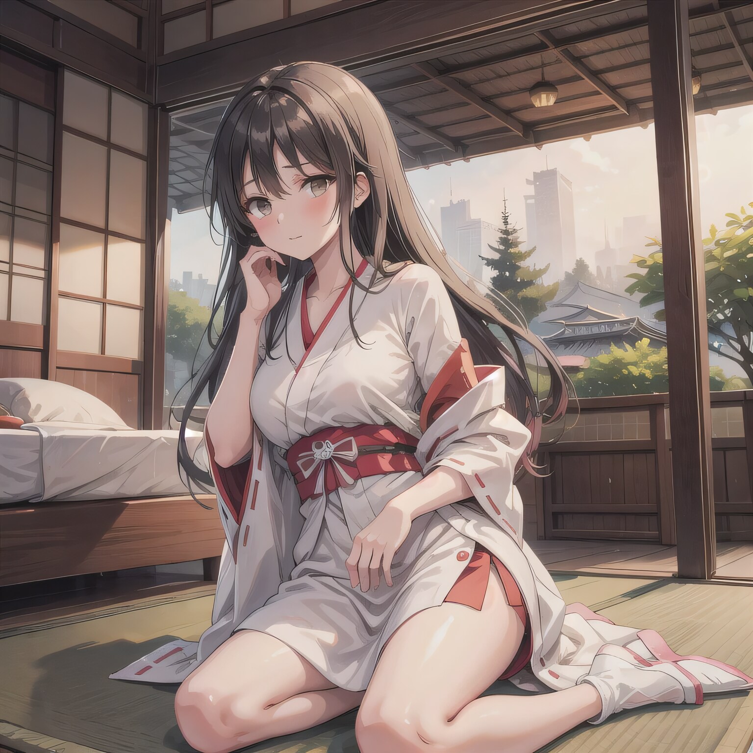 黒髪ロングで巫女服の少女１１ | の人気AIイラスト・グラビア