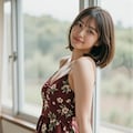 夏の窓際の花柄ワンピース 3 7枚目