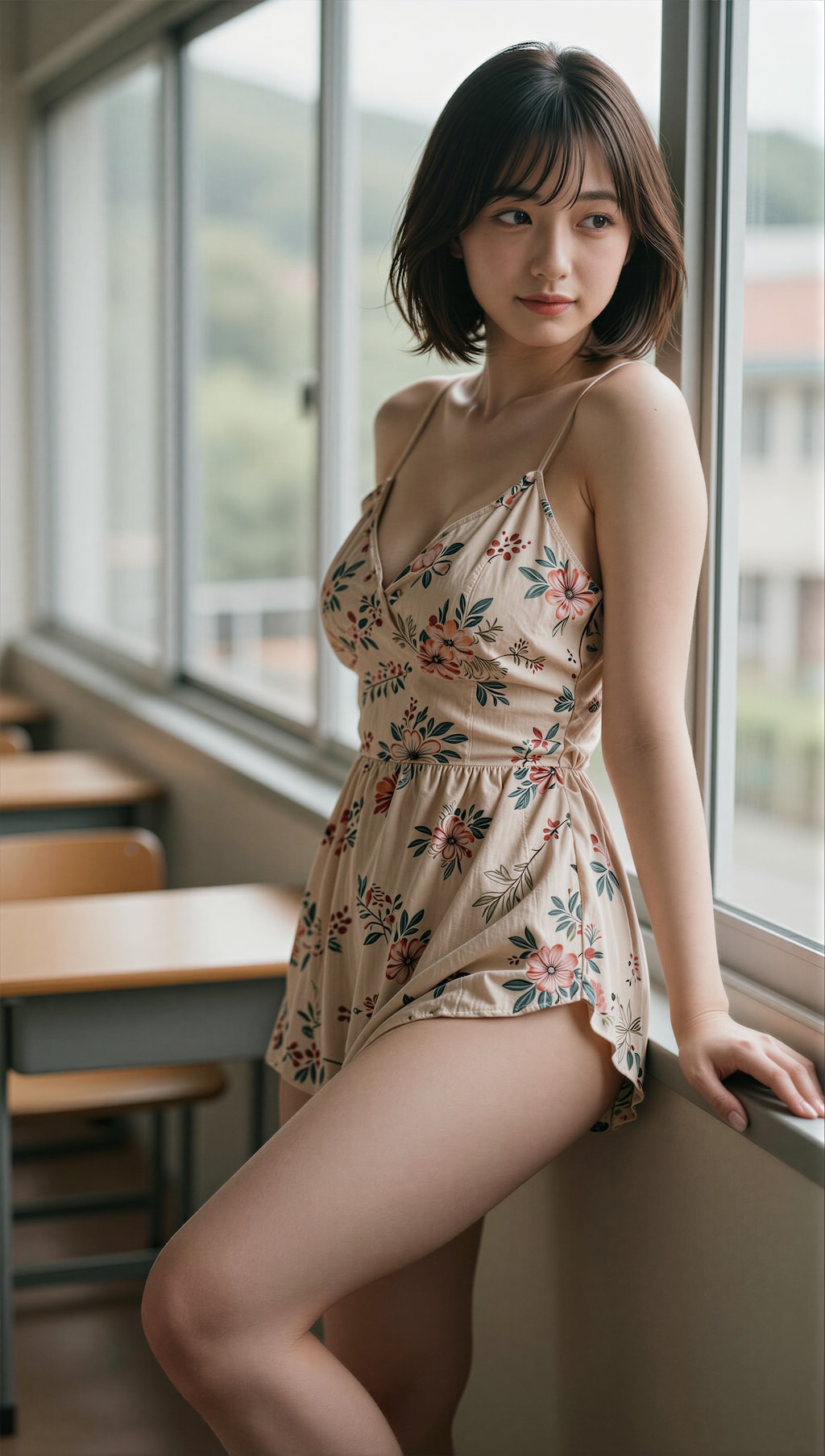 夏の窓際の花柄ワンピース 3