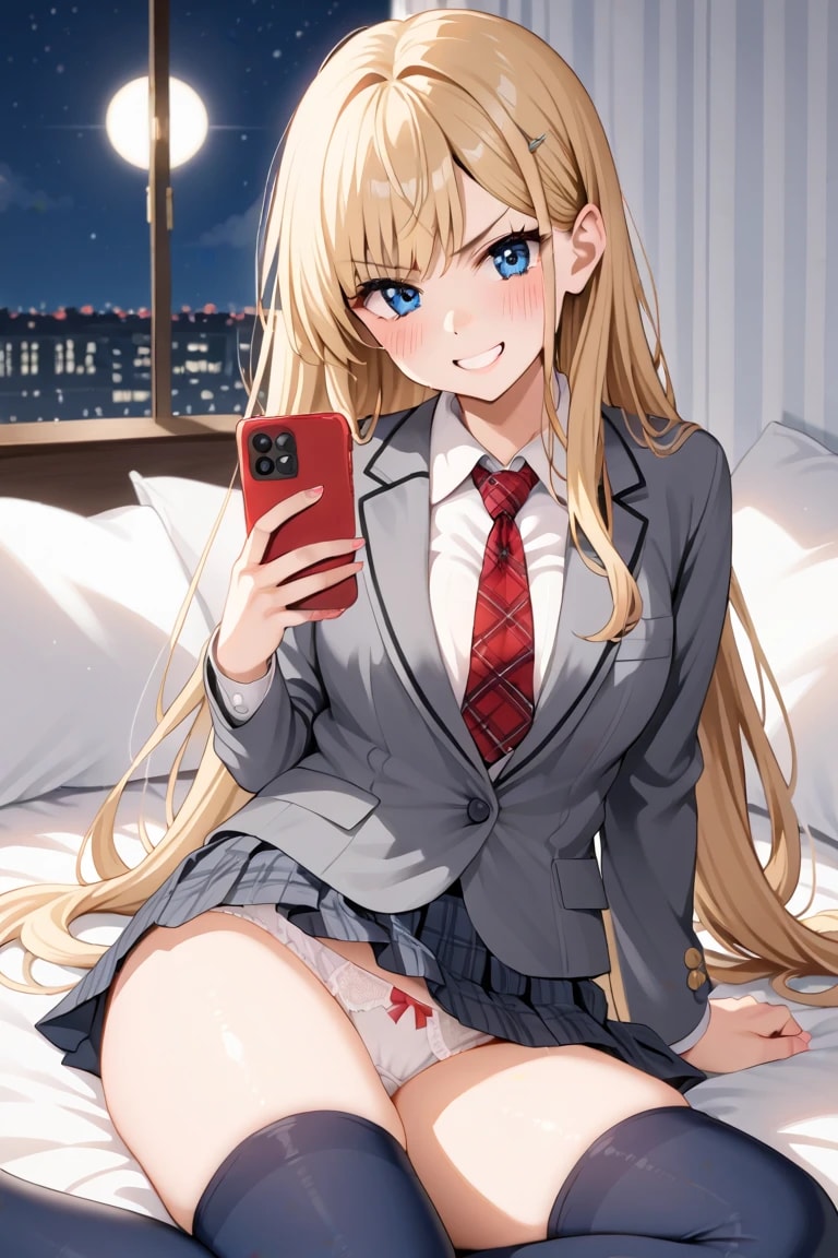夜のベッドで白パンツ金髪JK