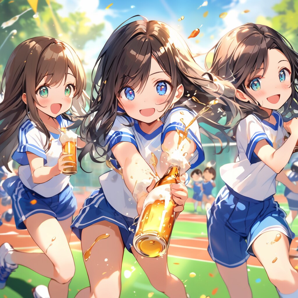 運動会でビールかけして優勝を祝う小さな女の子たち | の人気AIイラスト・グラビア