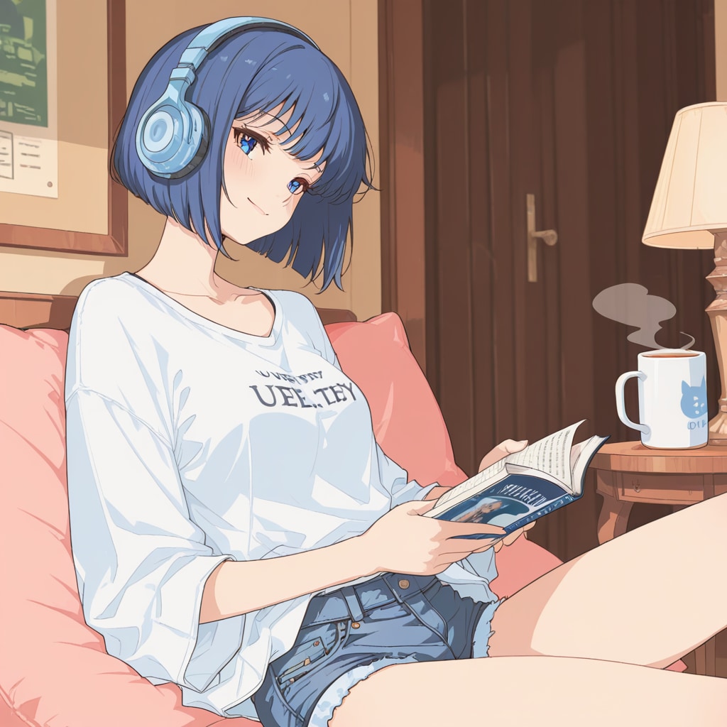 白シャツとショートパンツの読書時間