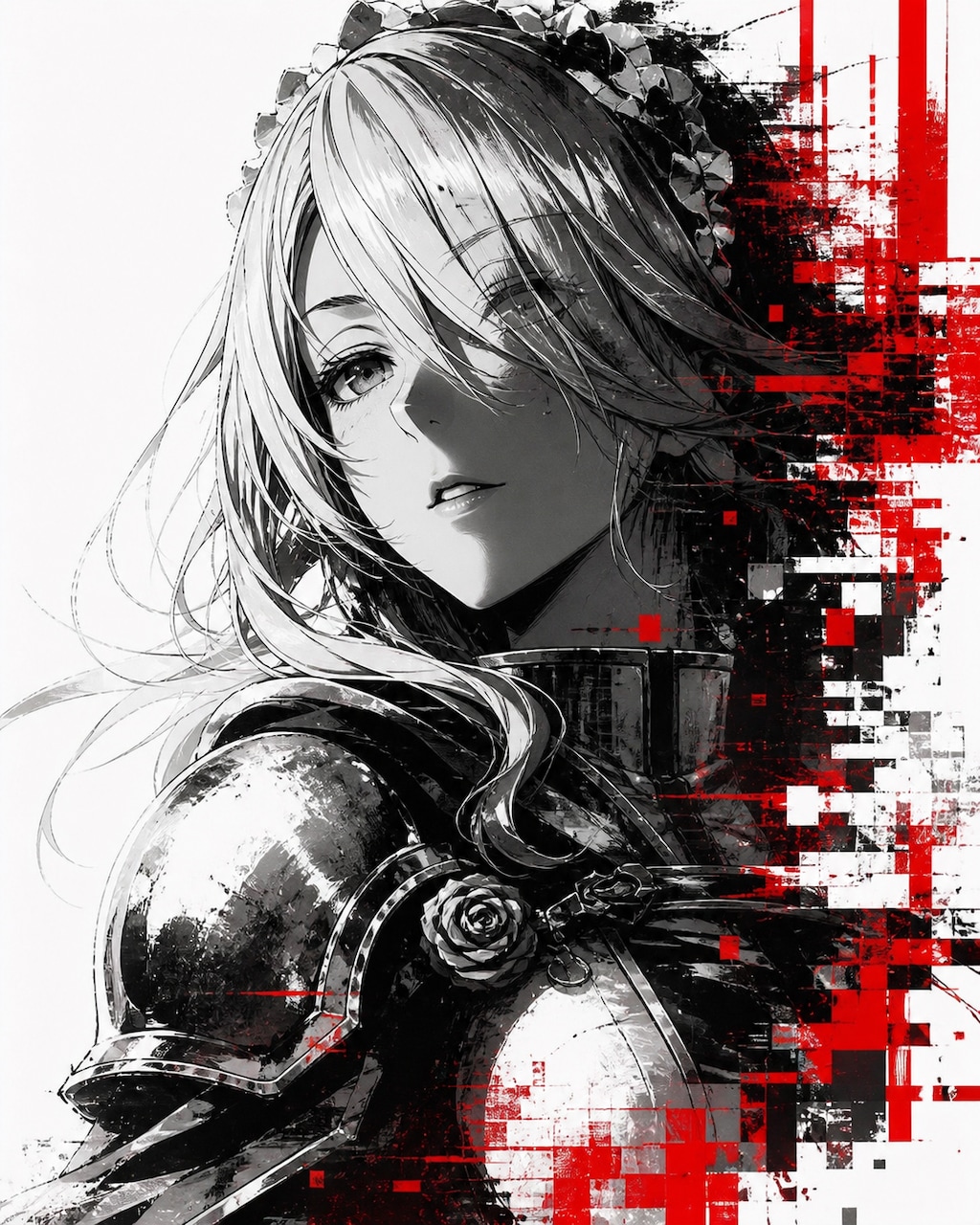 イラストと抽象的なデジタル・グリッチ・アートの融合