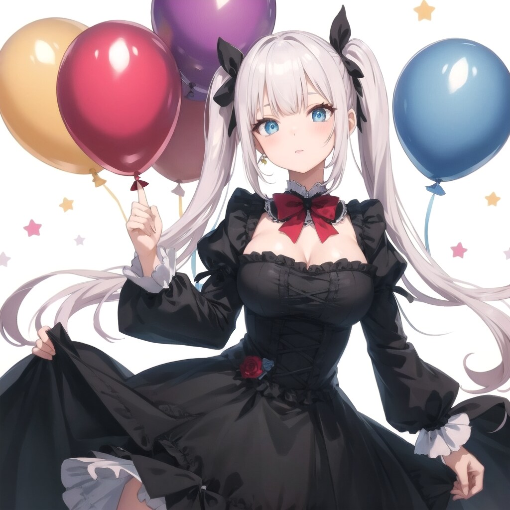 いっぱい色とりどりの風船を持つ白い髪ツインテールのゴスロリ衣装着た美女