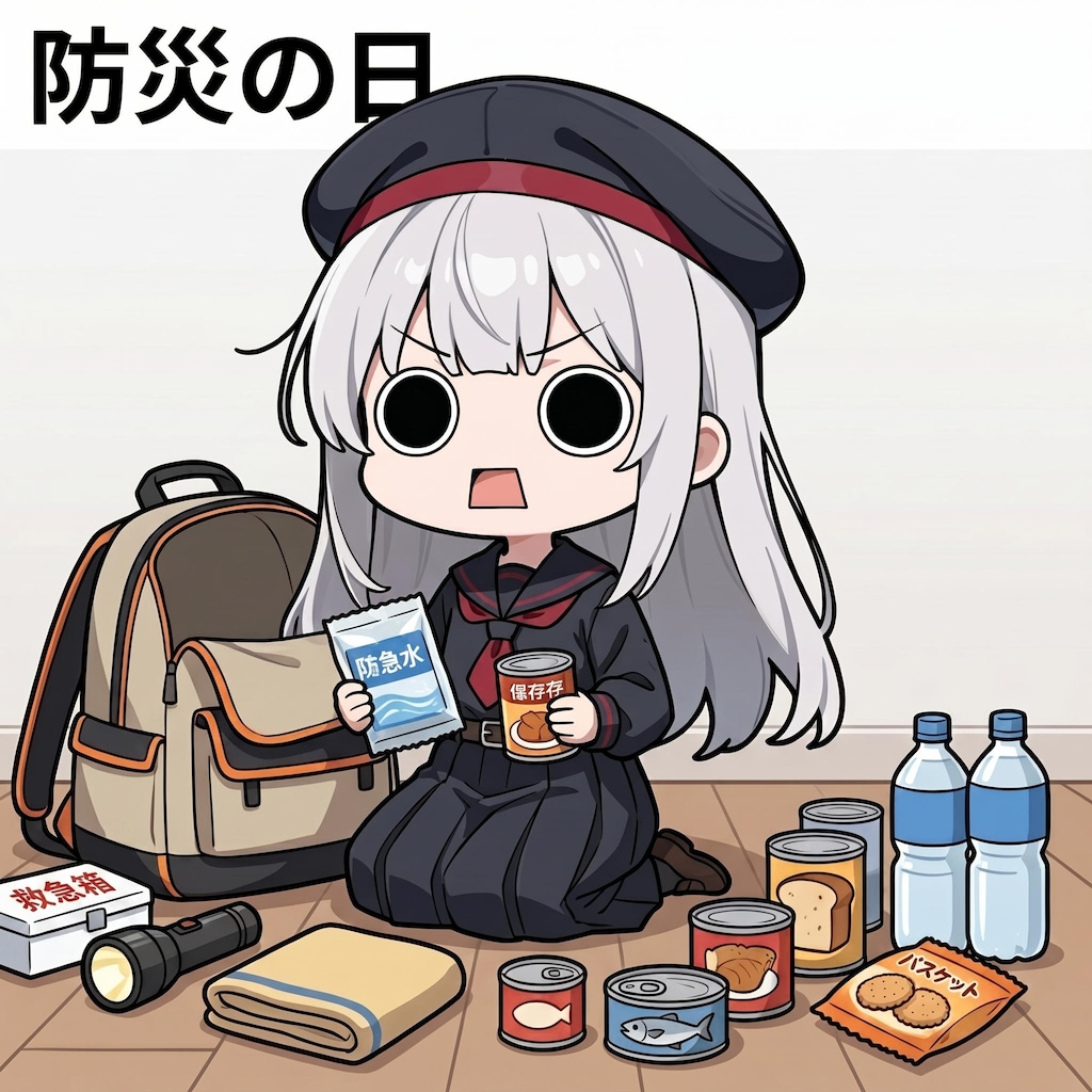 防災の日に防災グッズを点検するえらいこっちゃ嬢