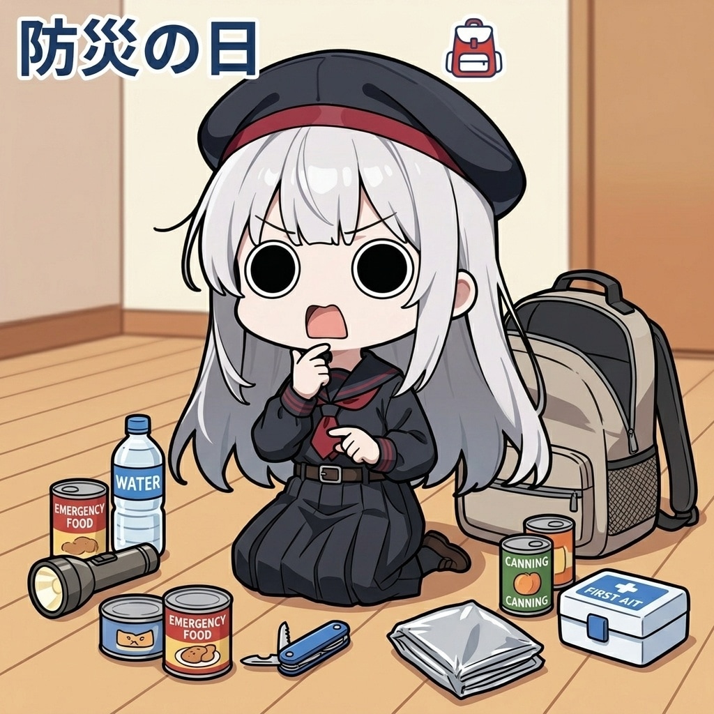 防災の日に防災グッズを点検するえらいこっちゃ嬢