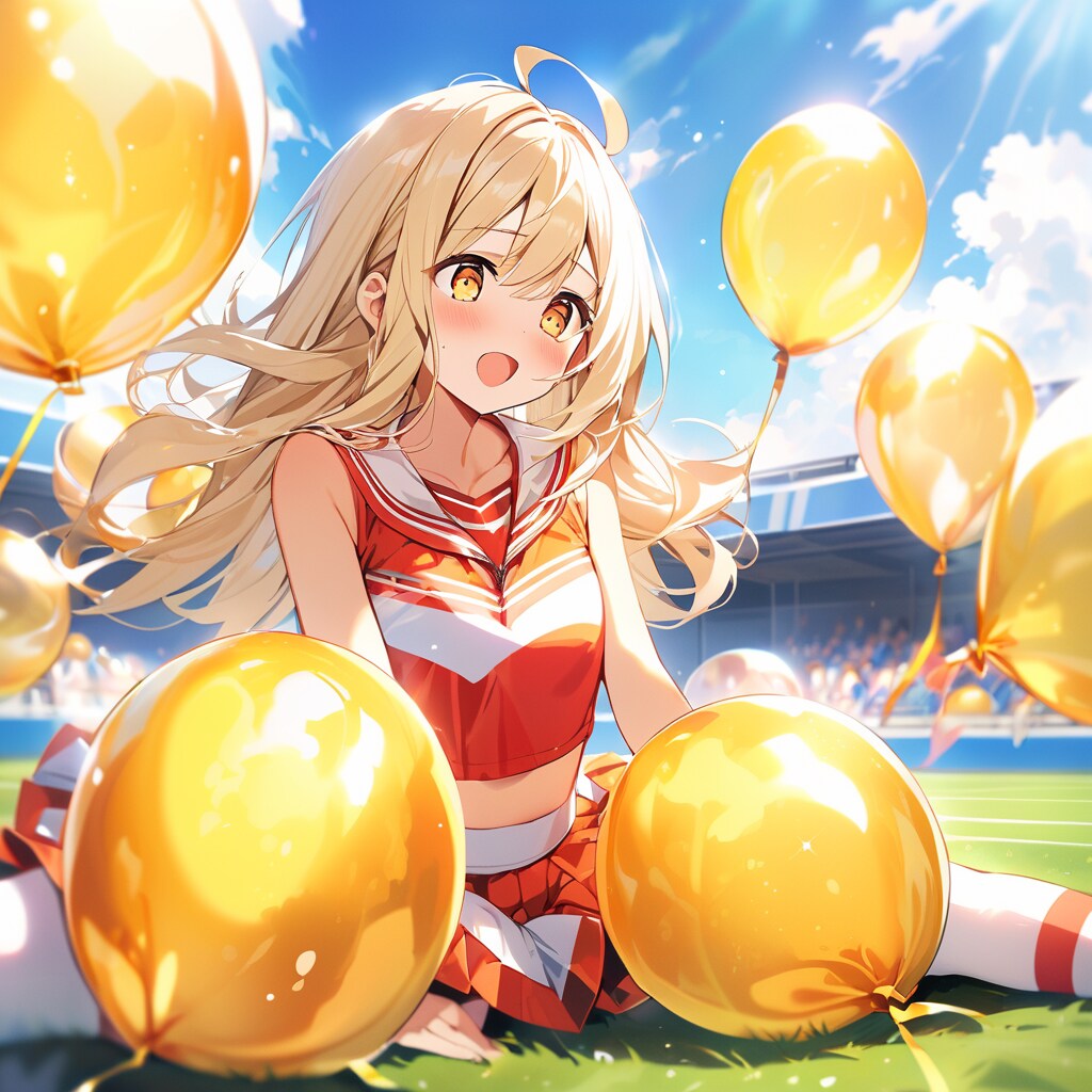 競技場で黄色い風船をいっぱい膨らませて遊ぶチアガール衣装の美少女 | の人気AIイラスト・グラビア