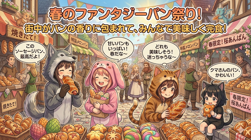 【All0416b】今日は街で開催される恒例の「春のパン祭り」に行ってきた。パンを買うと福引券がもらえるらしい（モデル: NanoBanana2）