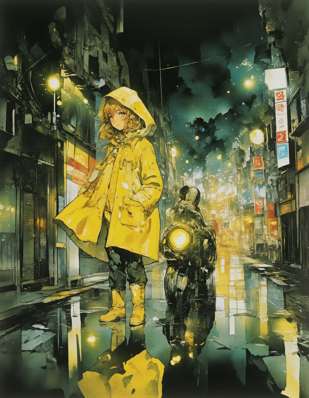 黄色いレインコートと夜の街