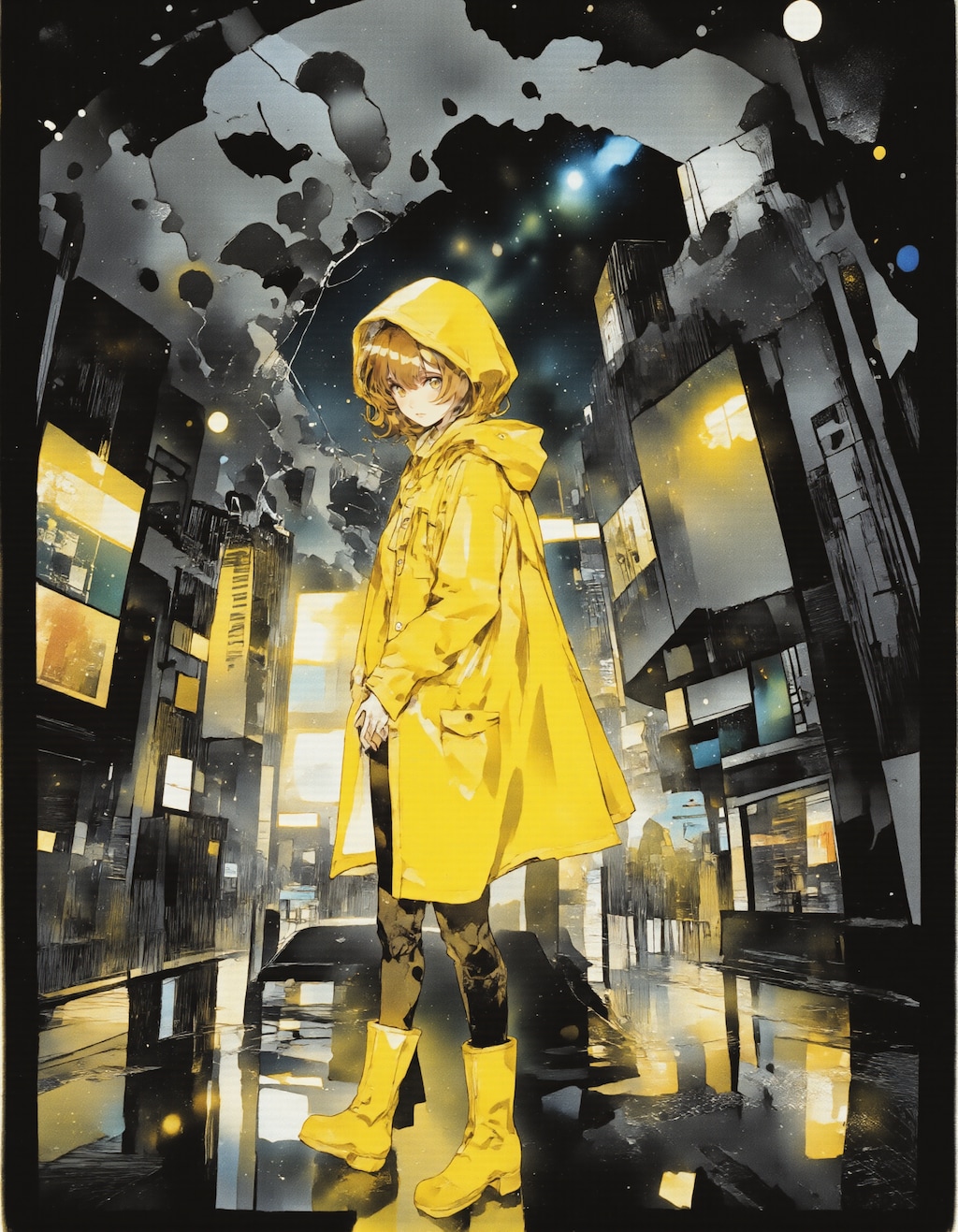 黄色いレインコートと夜の街