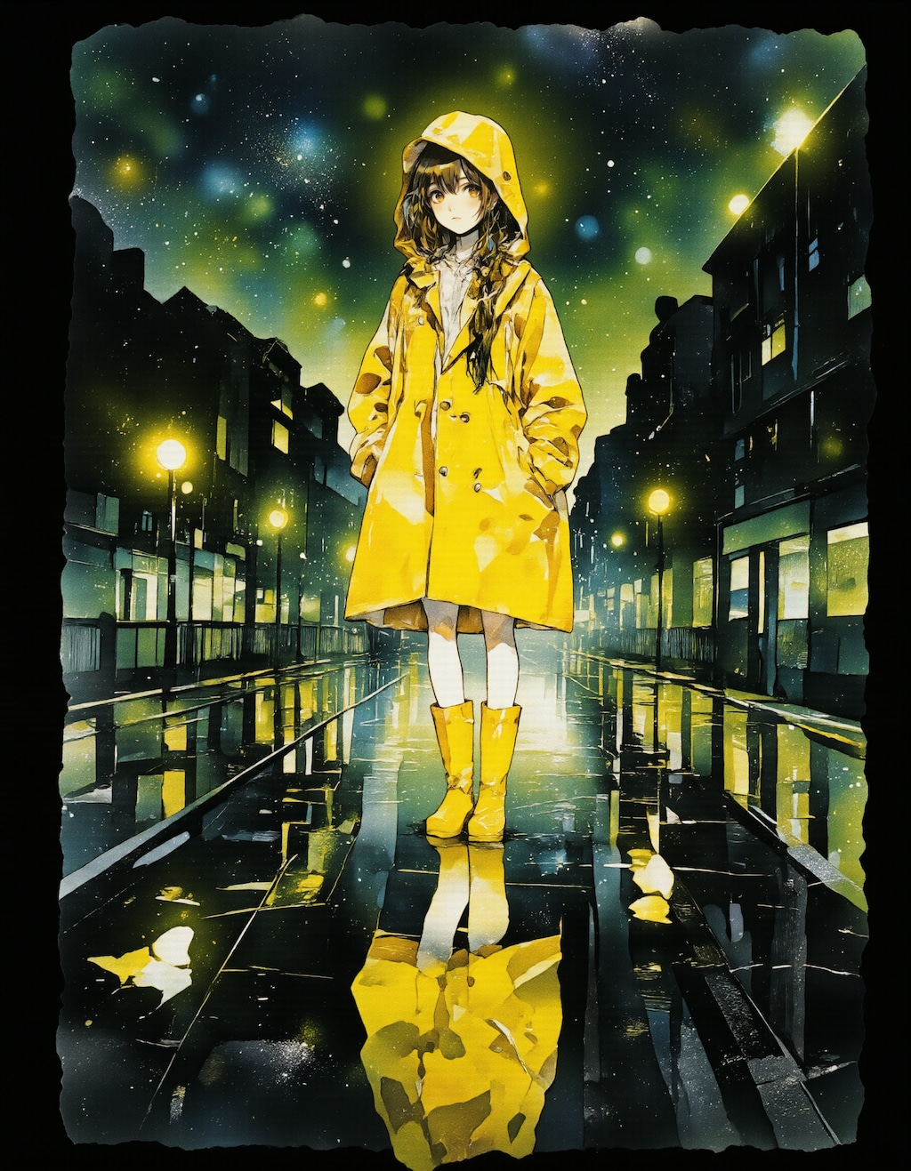 黄色いレインコートと夜の街