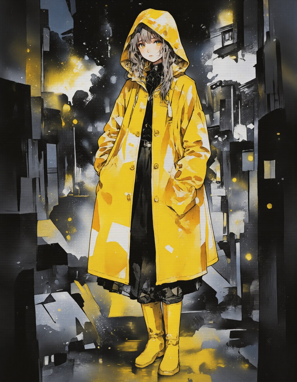 黄色いレインコートと夜の街