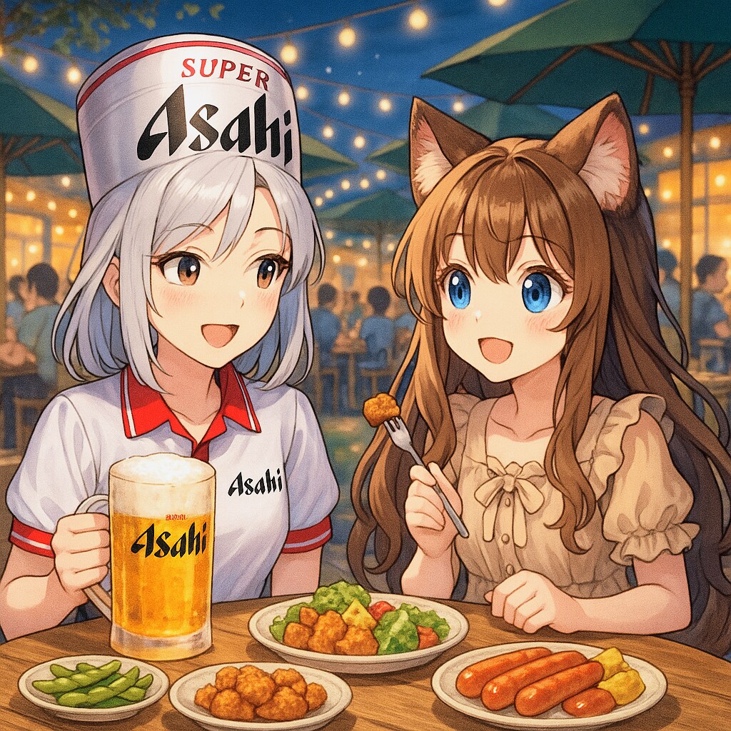 擬人化ビール缶とビアガーデンに来た小さな女の子