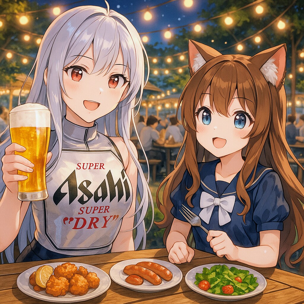 擬人化ビール缶とビアガーデンに来た小さな女の子