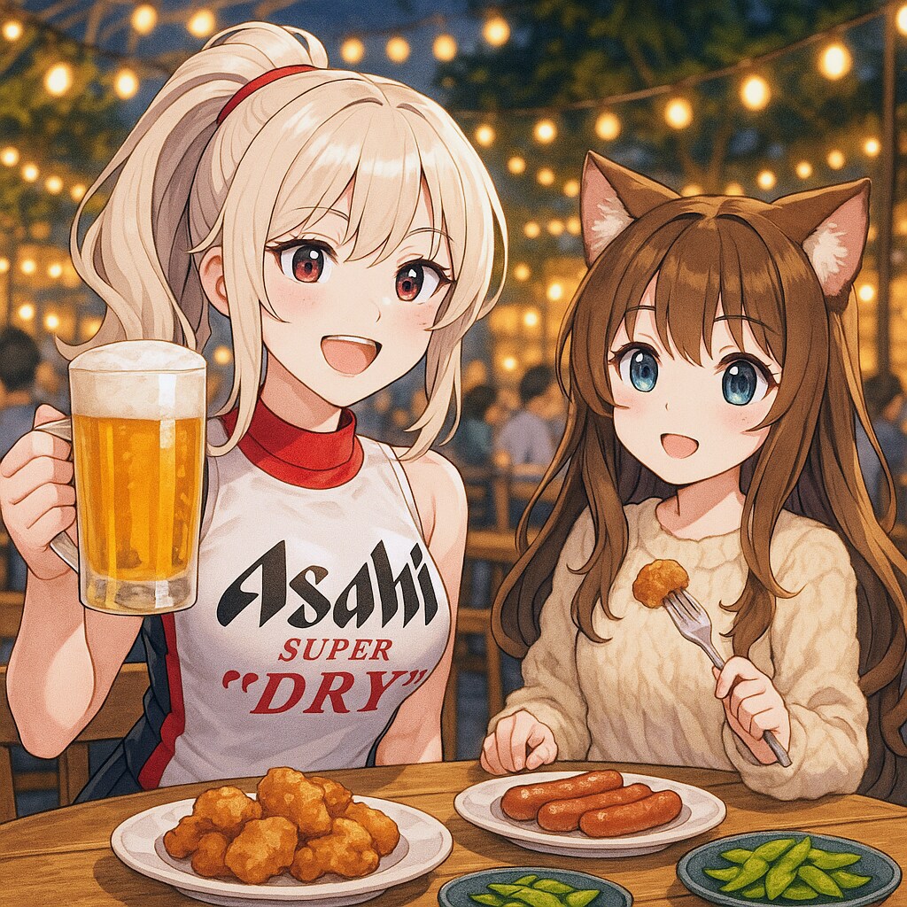 擬人化ビール缶とビアガーデンに来た小さな女の子