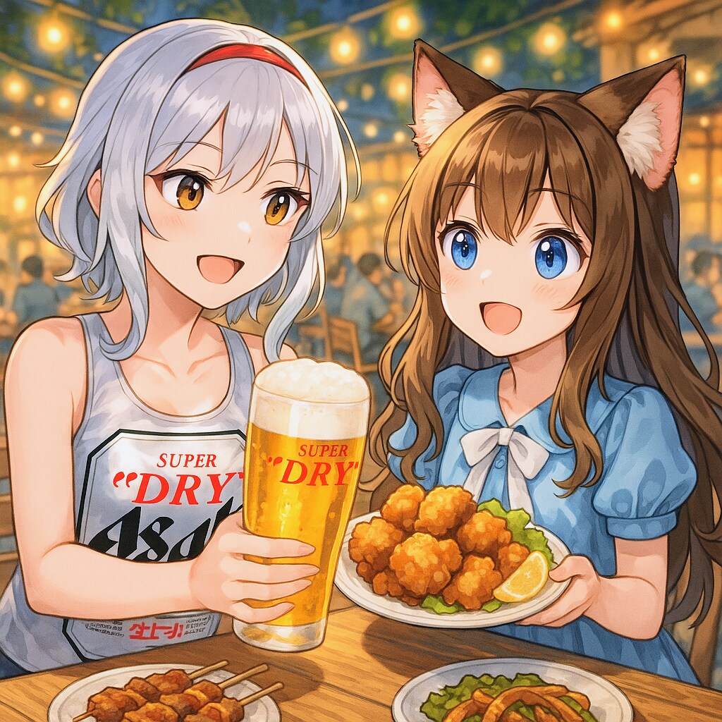 擬人化ビール缶とビアガーデンに来た小さな女の子