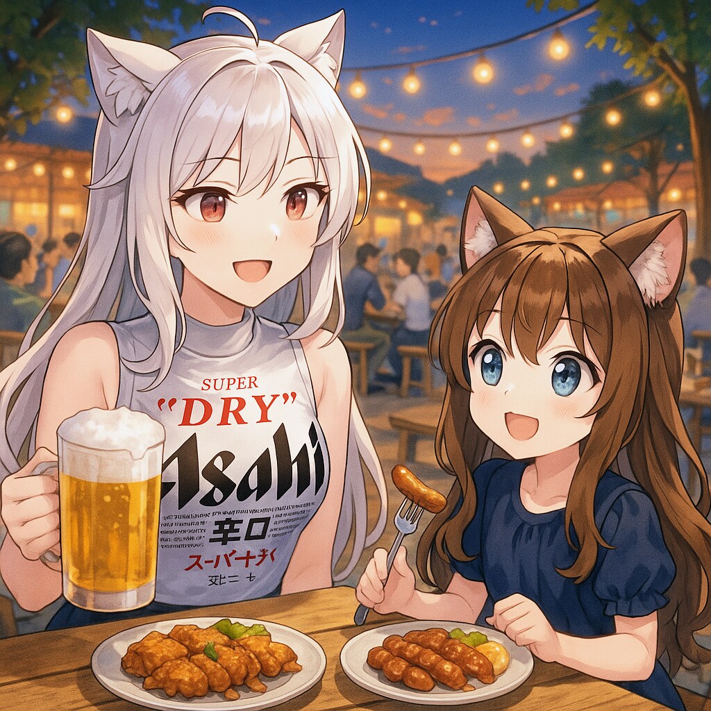 擬人化ビール缶とビアガーデンに来た小さな女の子