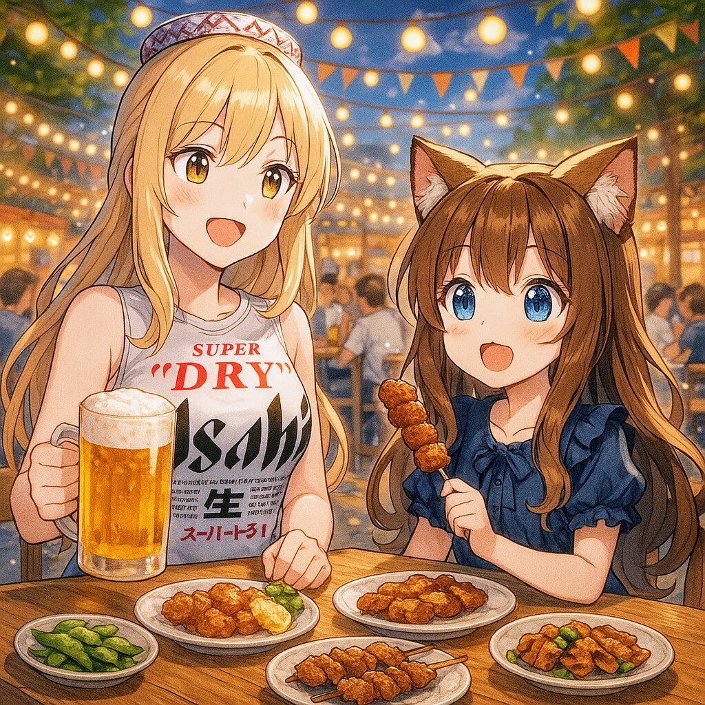 擬人化ビール缶とビアガーデンに来た小さな女の子