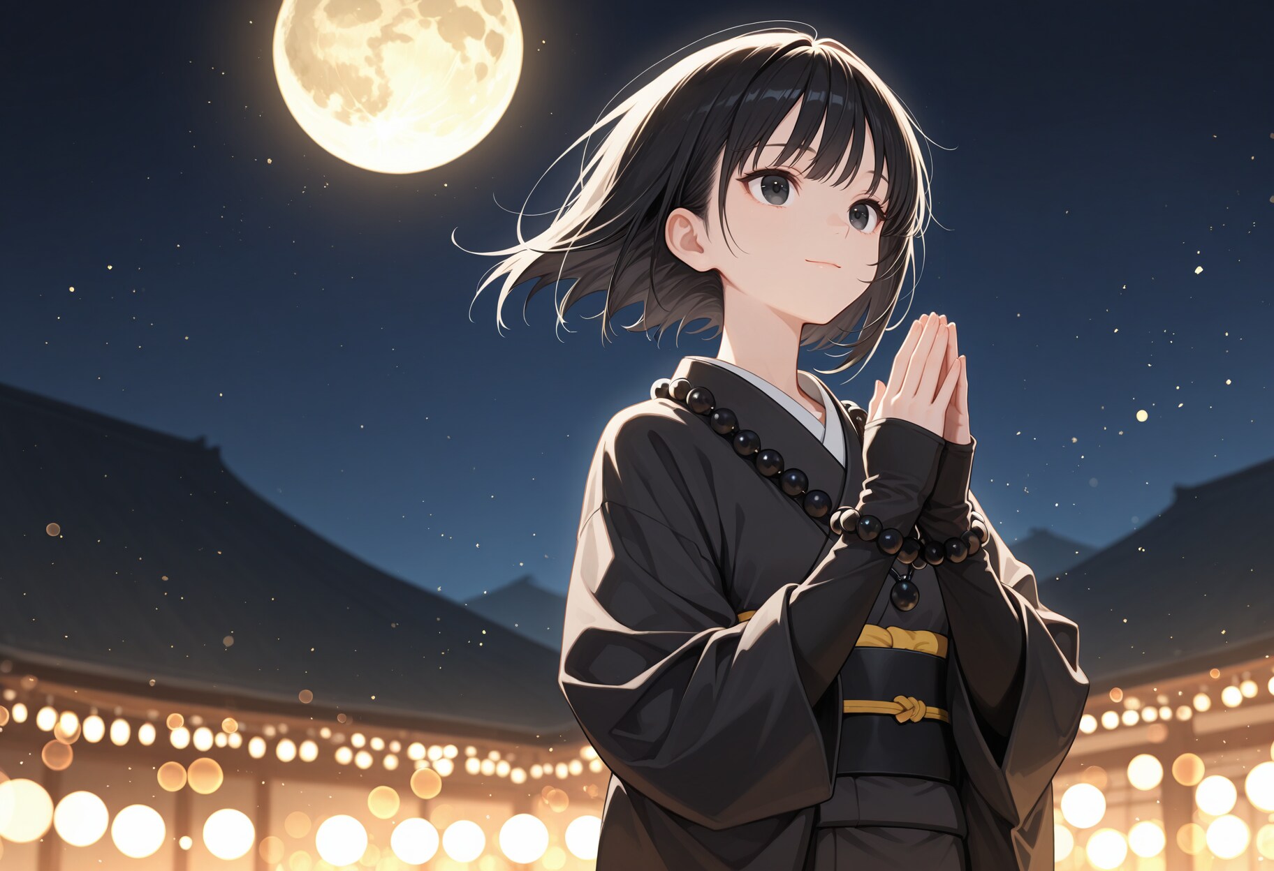 月下で感謝の祈りを込めて合掌する僧侶さん