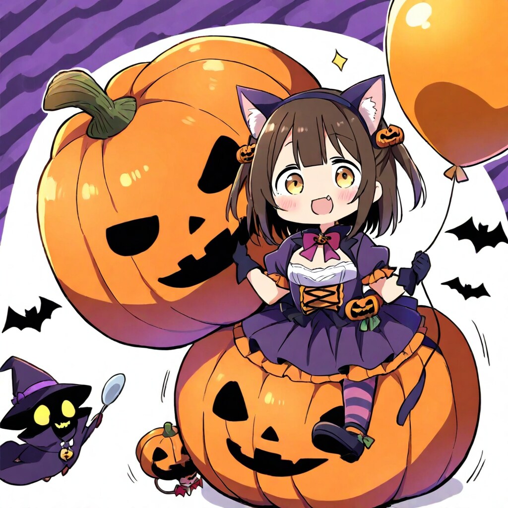 オレンジの風船を持つハロウィン衣装のケモミミ娘。