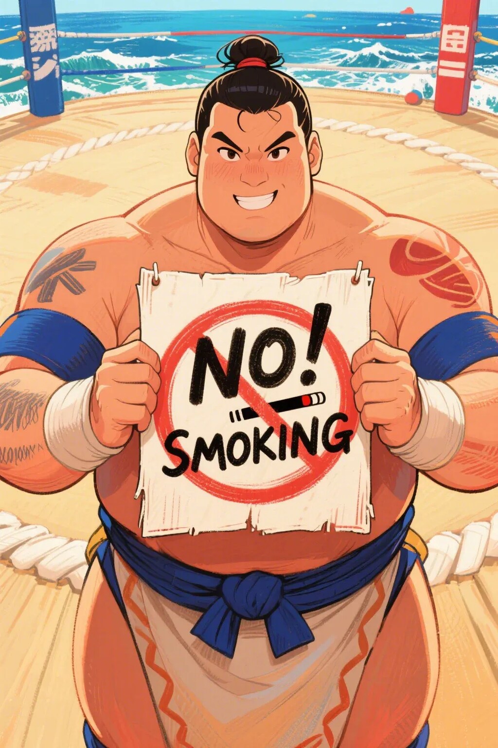 NO!SMOKINGの看板を持った横綱