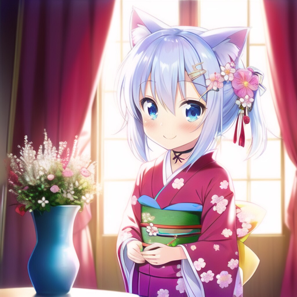 猫耳着物少女と花