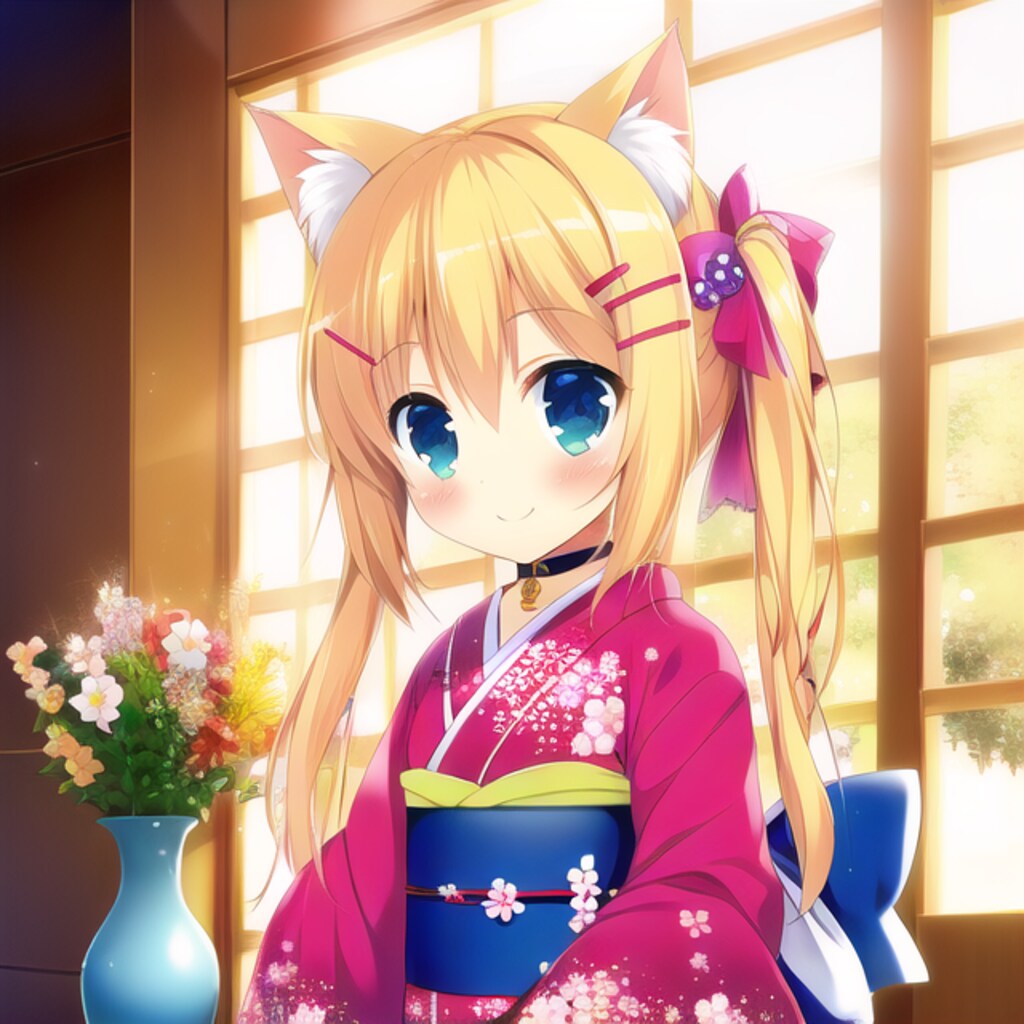 猫耳着物少女と花