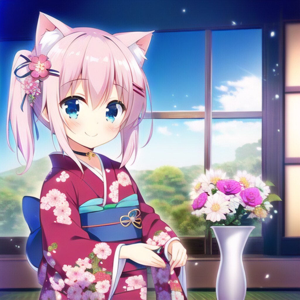 猫耳着物少女と花