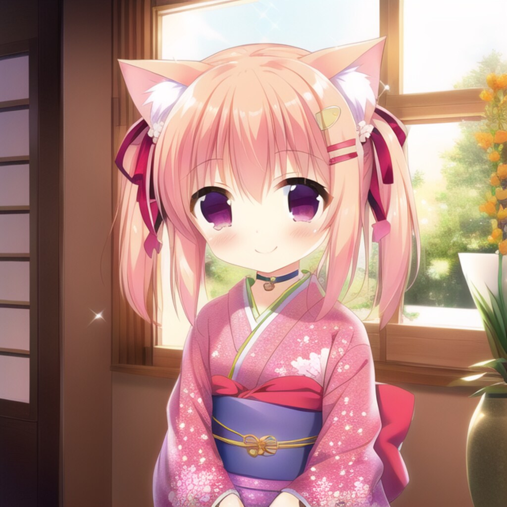 猫耳着物少女と花