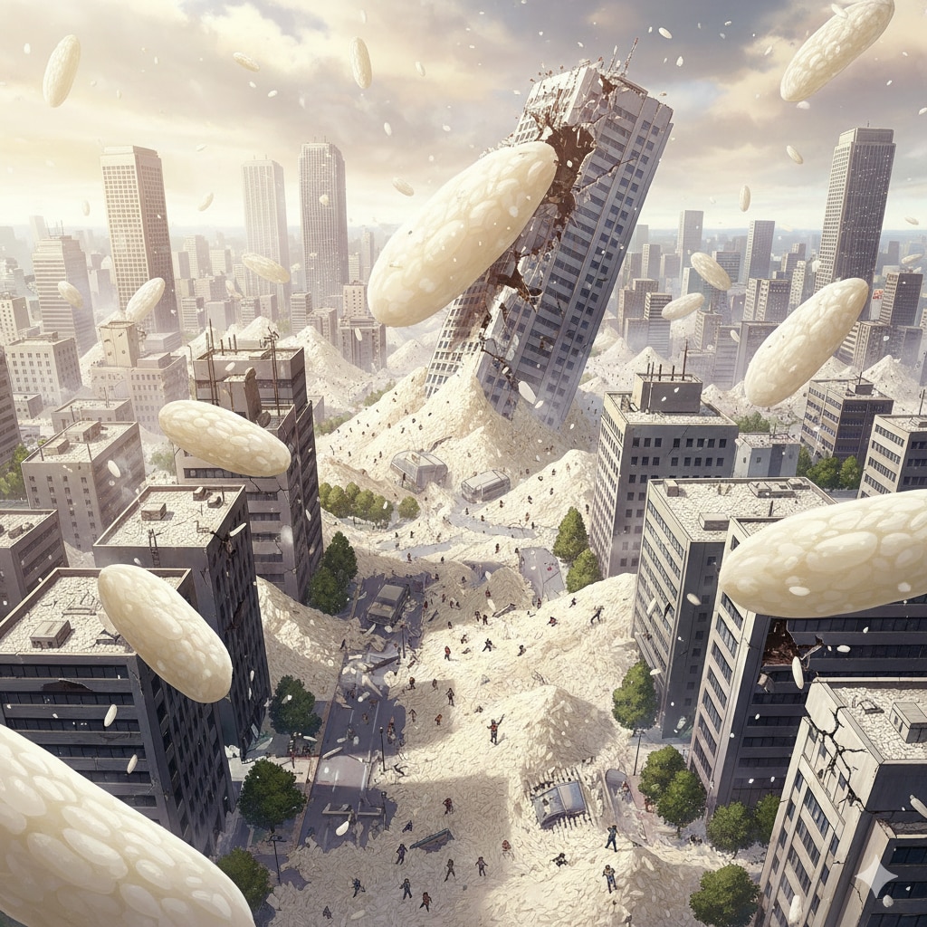 はりぼてのビルがぐしゃぐしゃっと崩れて 落ちる 落ちる 落ちる。 | の人気AIイラスト・グラビア