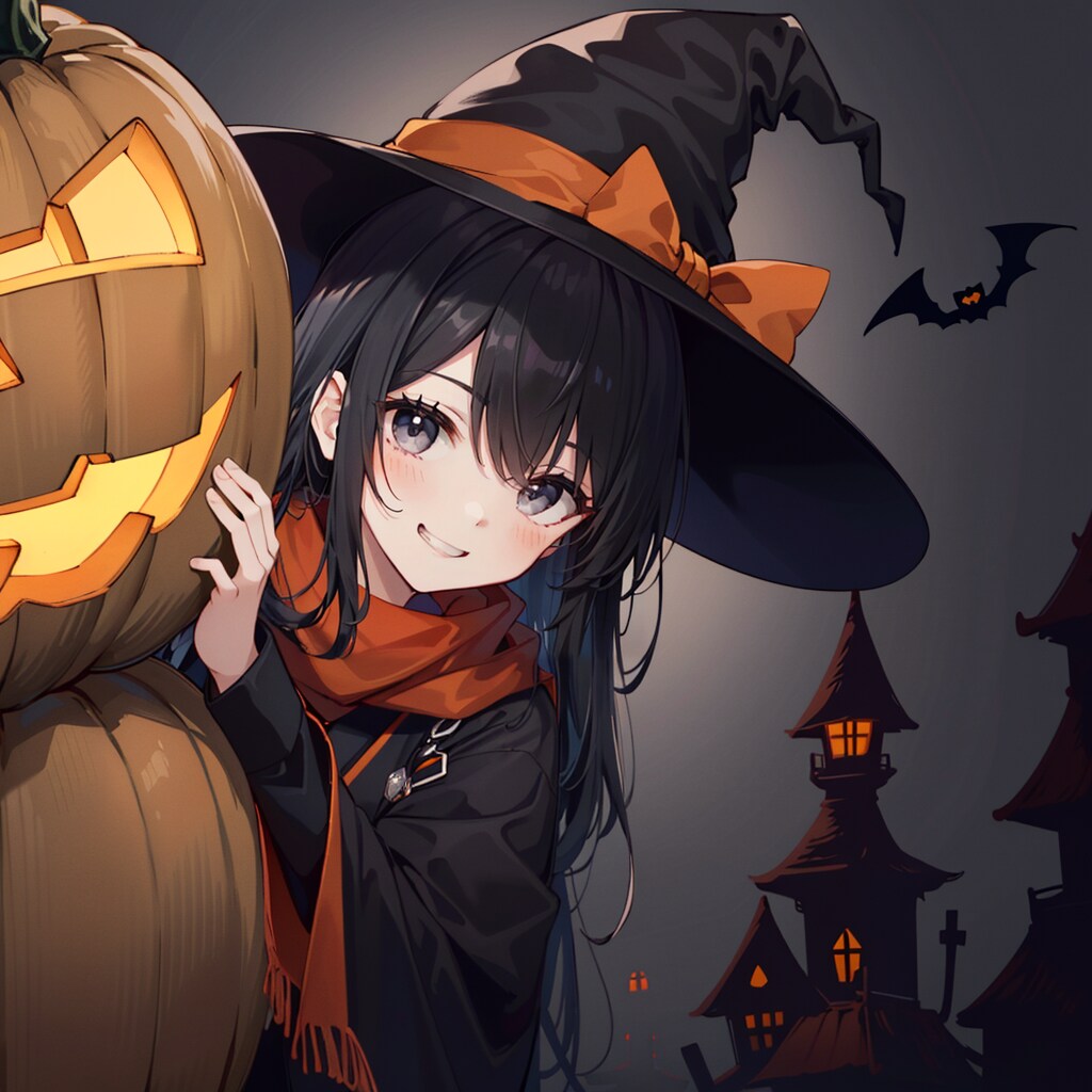 ハロウィン南瓜の陰から見守る魔女