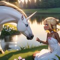 湖畔でユニコーンと触れ合う少女 4枚目