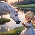 湖畔でユニコーンと触れ合う少女 3枚目
